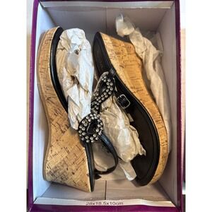 Java Ruby-02 Wedge Sandals Womens 7 Black New Rhinestone Chain Cork Heels